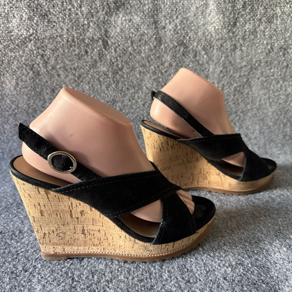 DIANE VON FURSTENBERG Black Suede Wedge Sandals Buckle Adjustable Strap Size 8.5